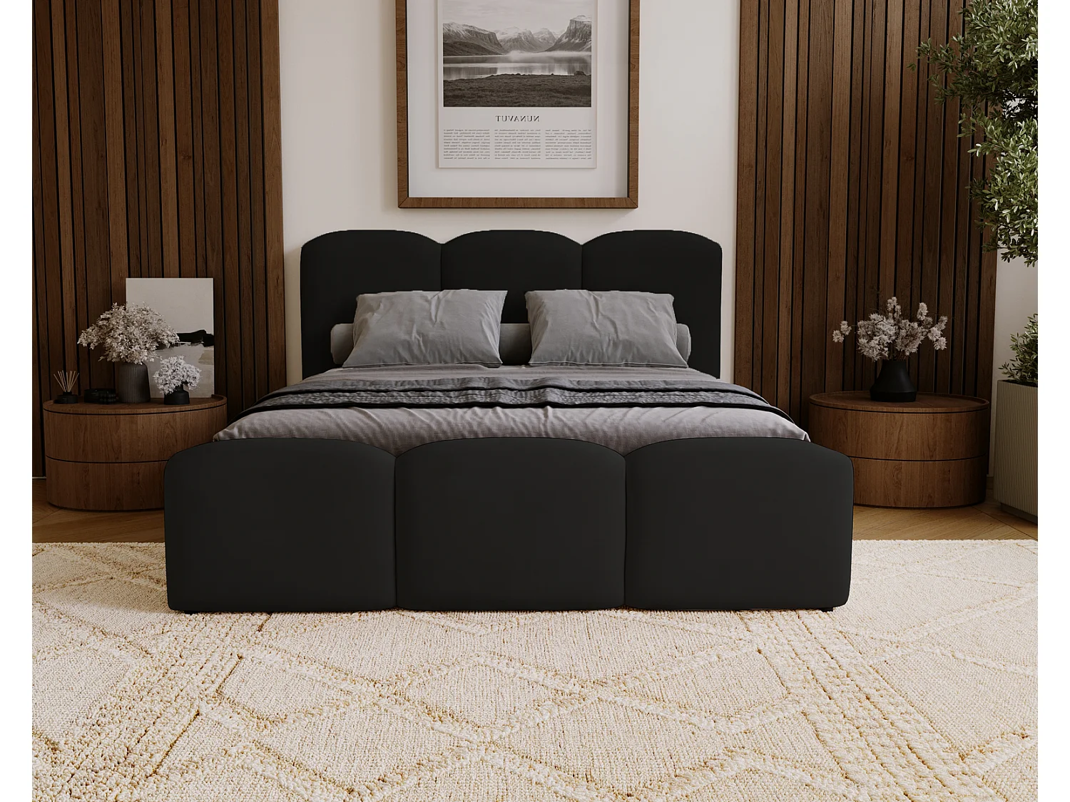 Polsterbett 140x200 Capri mit Bettkasten, Metall-Lattenrost - Samtstoff, Schwarz (Magic Velvet 2219)