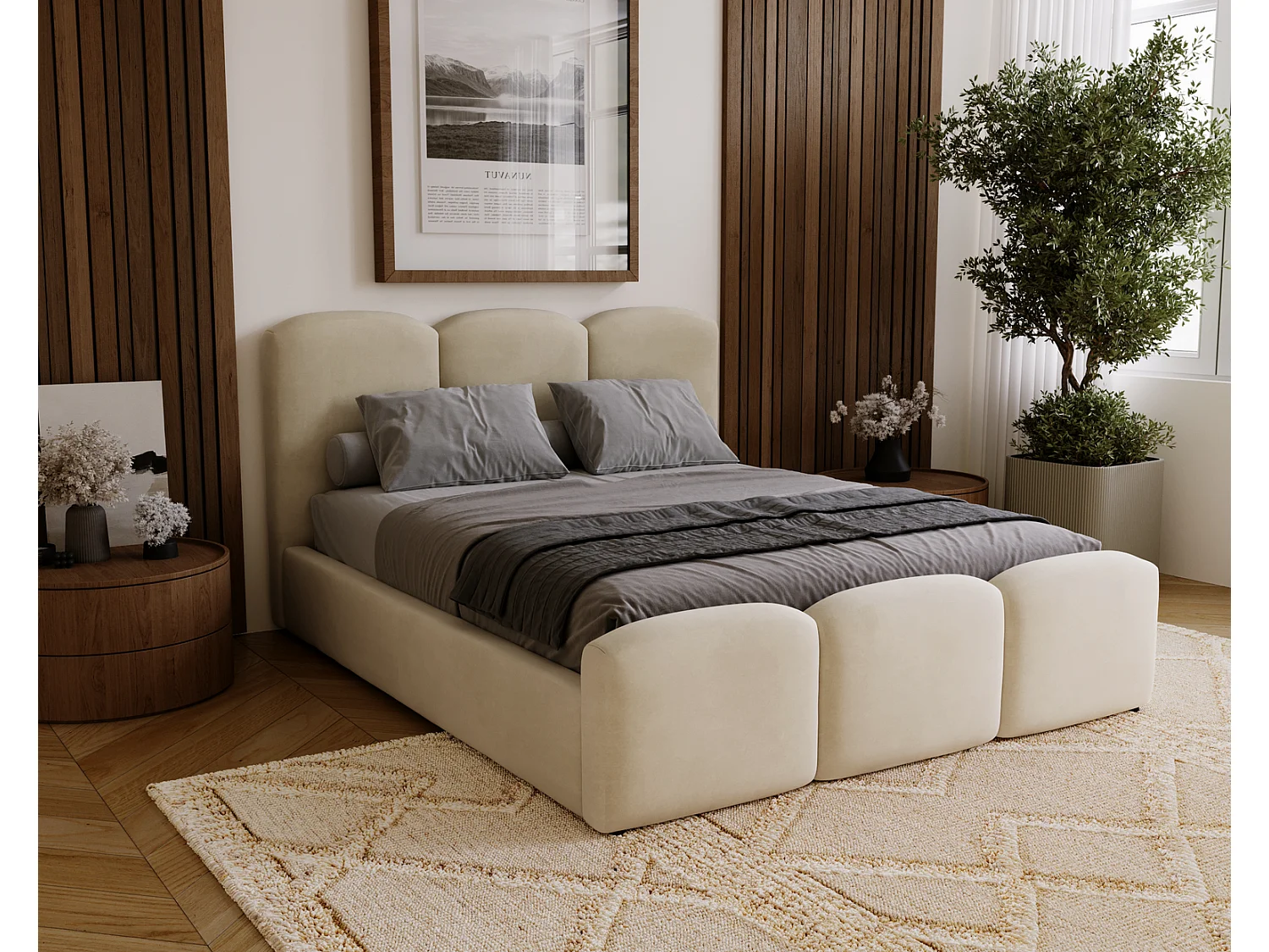 Polsterbett 200x200 Capri mit Bettkasten, Metall-Lattenrost - Samtstoff, Beige (Magic Velvet 2201)