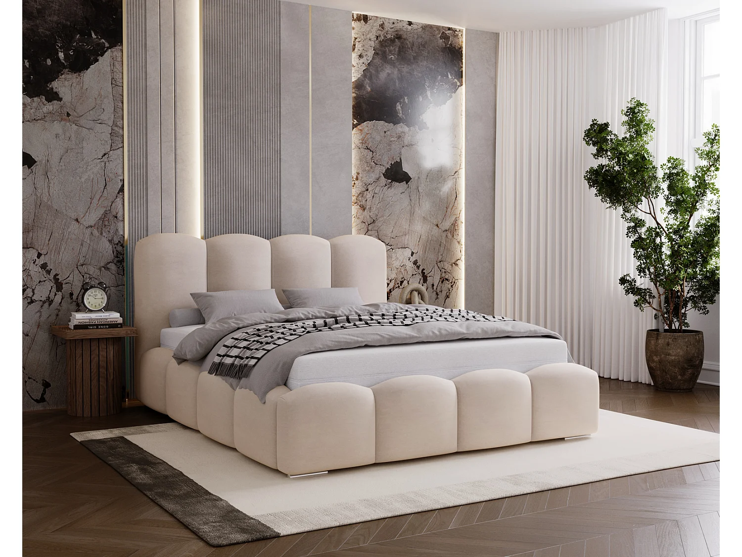 Lit adulte 200x200 Zenna - coffre de rangement, sommier - velours, Beige (Magic Velvet 2201)