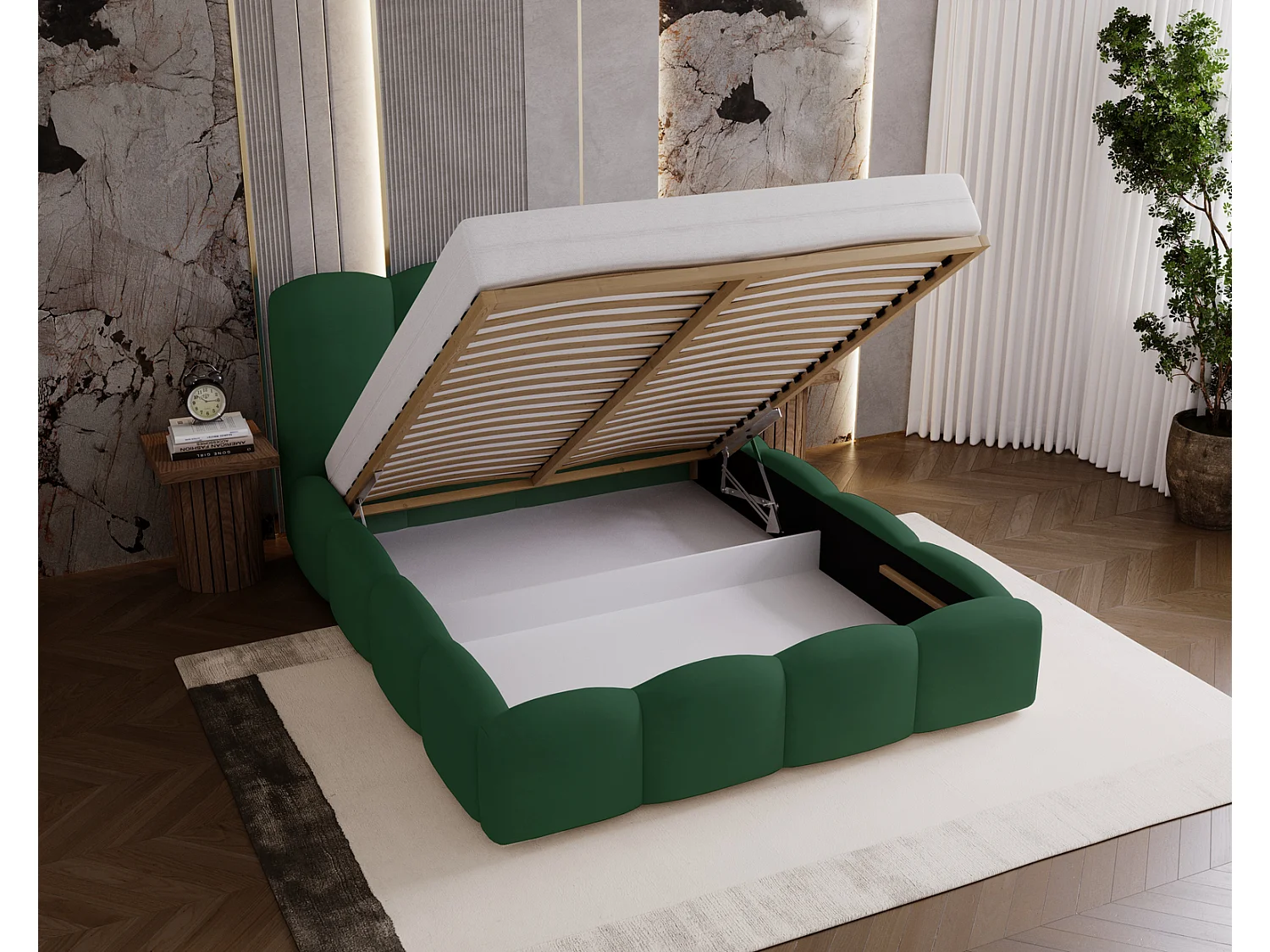 Lit adulte 160x200 Zenna - coffre de rangement, sommier - velours, Vert (Magic Velvet 2225)