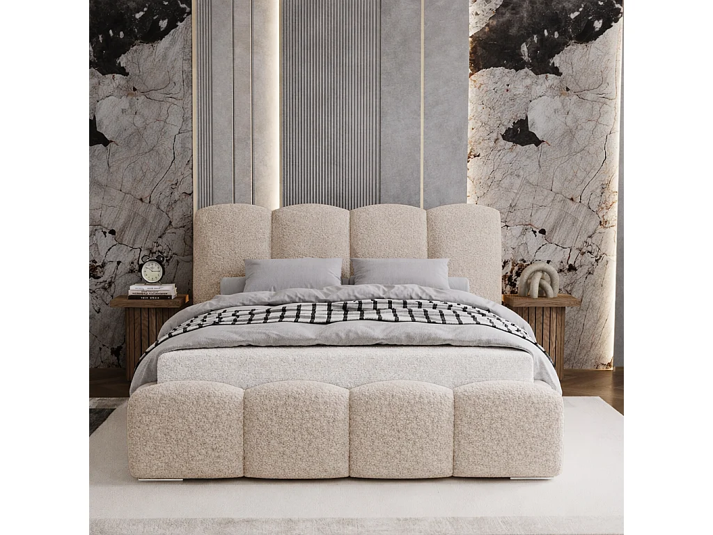 Lit adulte bouclé 160x200 Zenna - coffre de rangement, sommier métallique - Beige (Lambi 6)