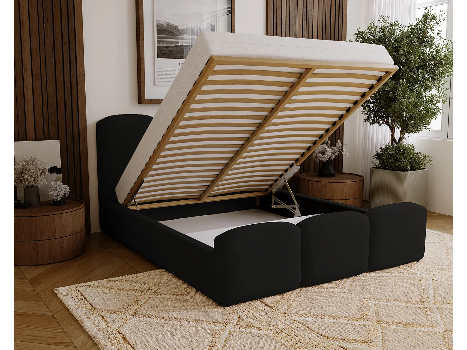 Polsterbett 140x200 Capri mit Bettkasten, Lattenrost - Samtstoff, Schwarz (Magic Velvet 2219)