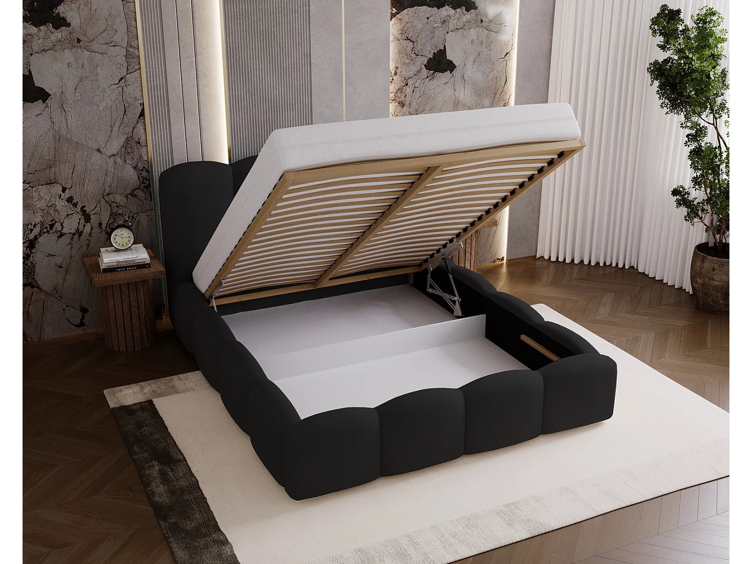 Lit adulte 180x200 Zenna - coffre de rangement, sommier - velours, Zwart (Magic Velvet 2219)