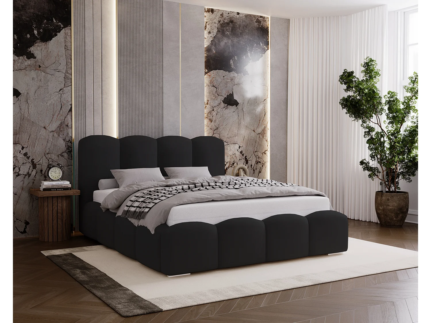 Lit adulte 200x200 Zenna - coffre de rangement, sommier métallique - velours, Zwart (Magic Velvet 2219)