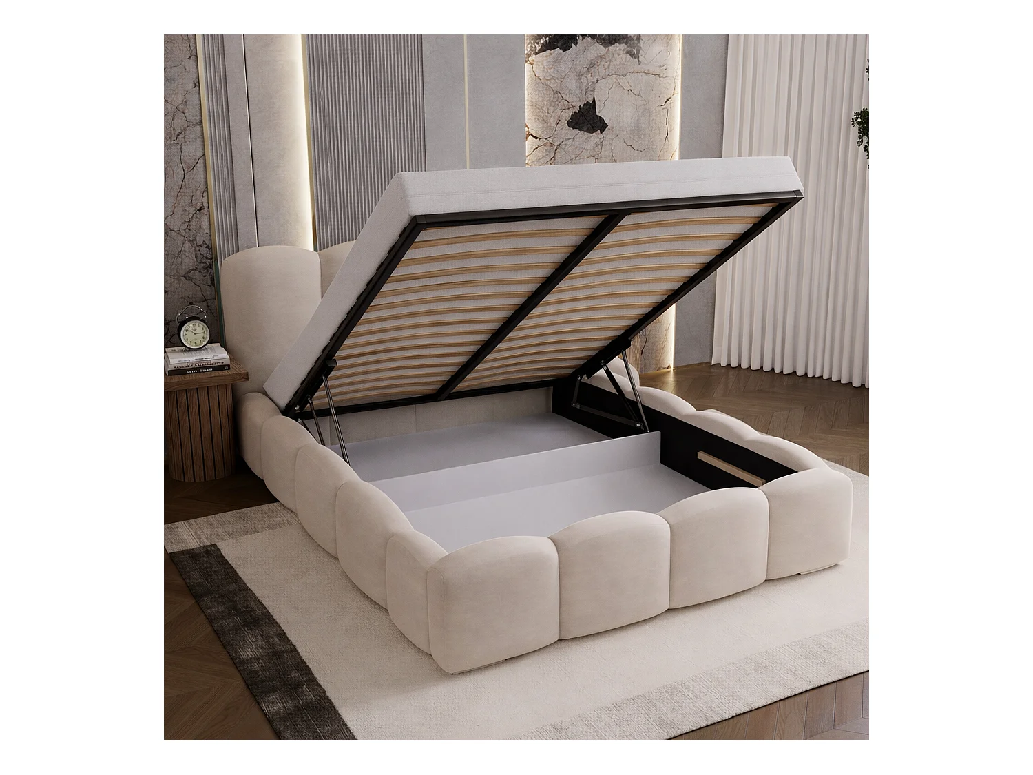 Polsterbett boucle 140x200 Zenna - Bettkasten, Metall-Lattenrost - Braun (Lambi 4)