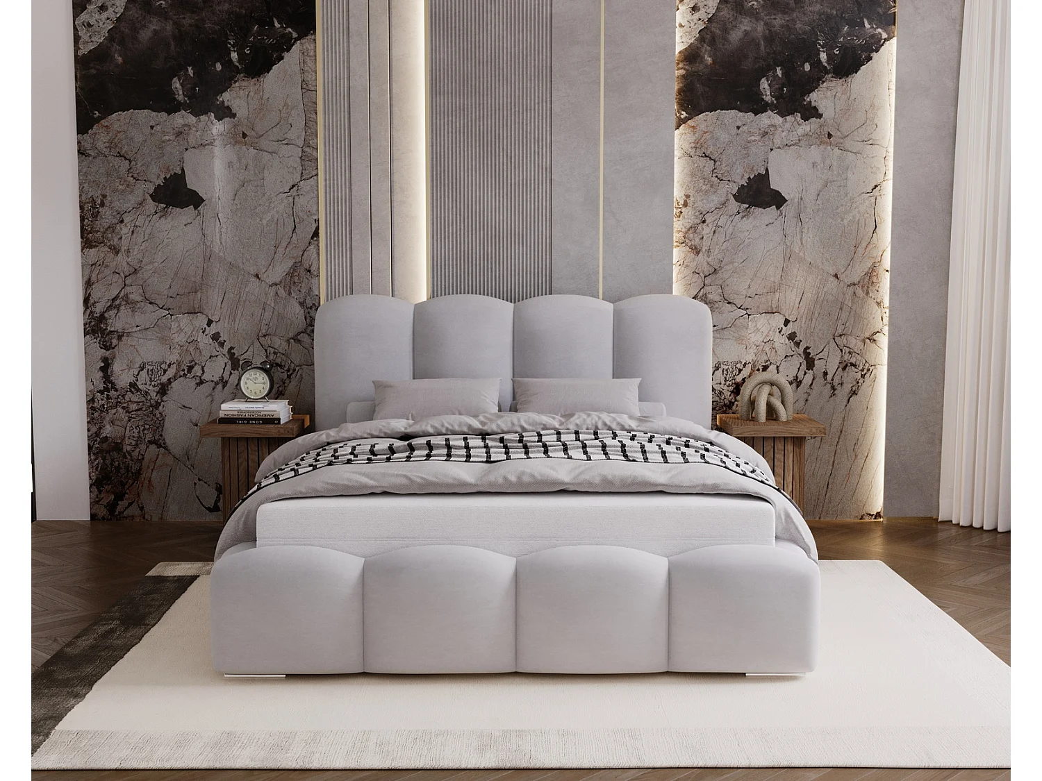 Lit adulte 140x200 Zenna - coffre de rangement, sommier - velours, Gris clair (Magic Velvet 2218)