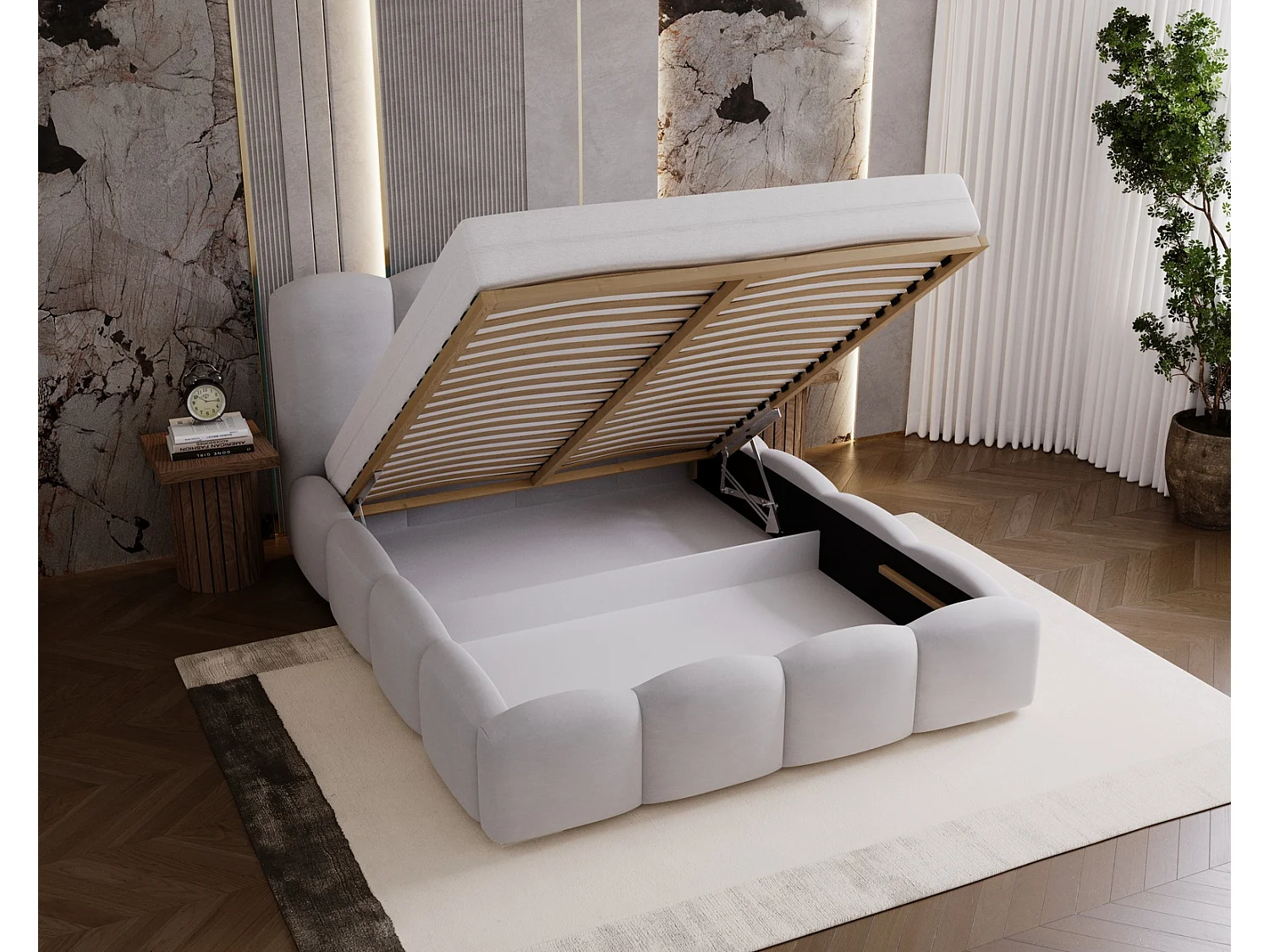 Lit adulte 140x200 Zenna - coffre de rangement, sommier - velours, Gris clair (Magic Velvet 2218)