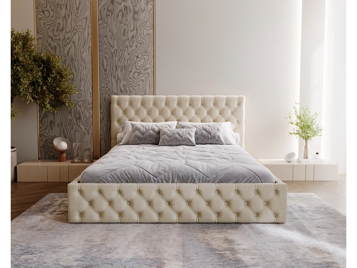 Polsterbett 160x200 Verti Slim - Samtstoff, Bett mit Bettkasten, Metall-Lattenrost - Beige (Magic Velvet 2201)