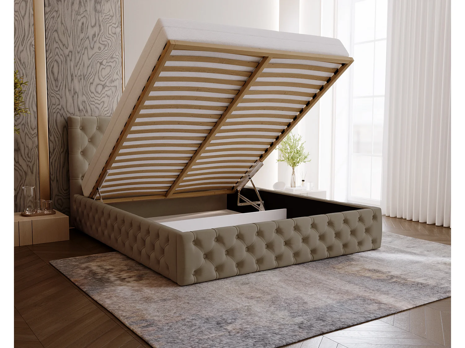 Polsterbett 180x200 Verti Slim - Samtstoff, Bett mit Bettkasten, Lattenrost - Braun (Magic Velvet 2206)