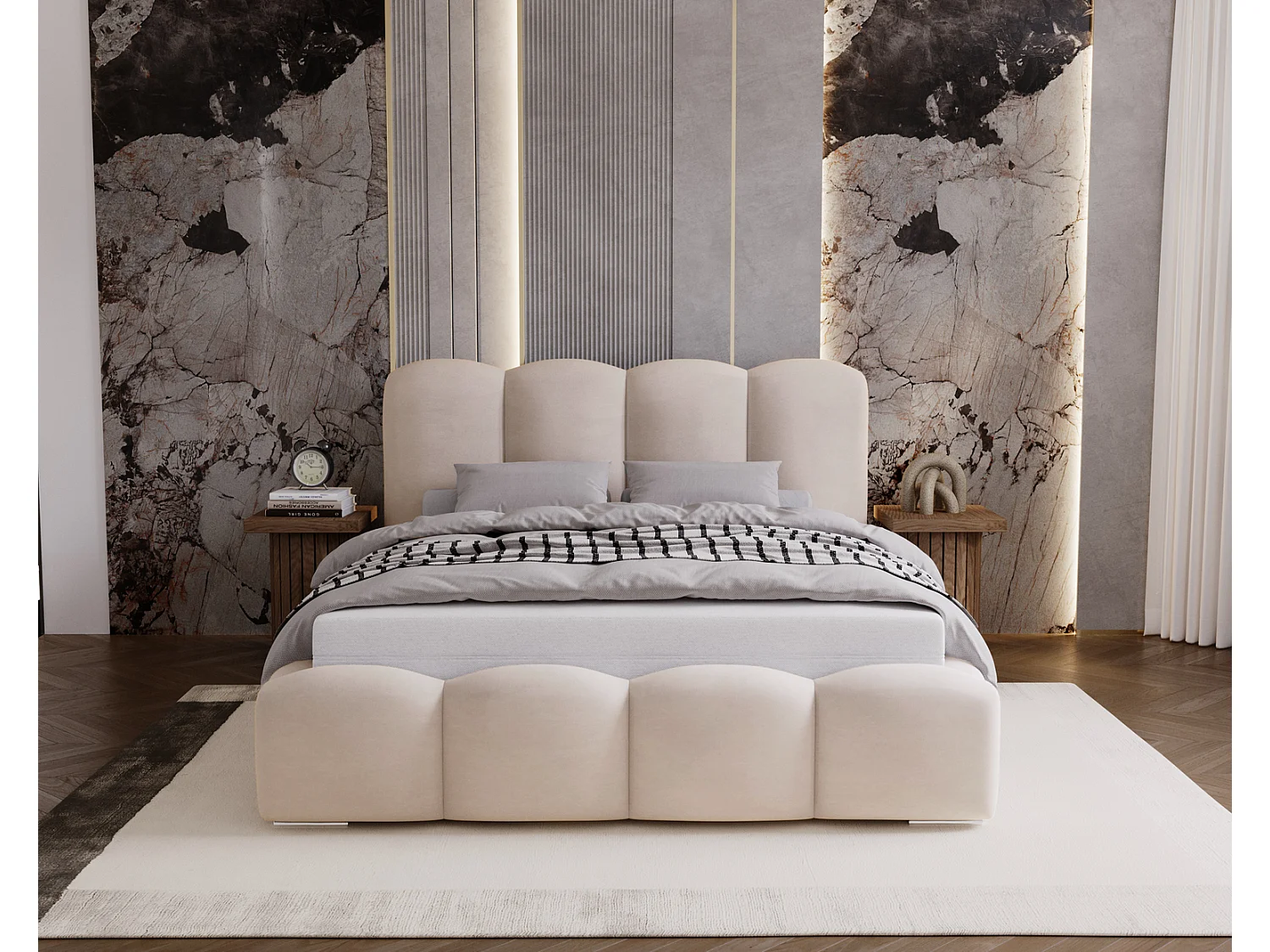 Lit adulte 200x200 Zenna - coffre de rangement, sommier métallique - velours, Beige (Magic Velvet 2201)