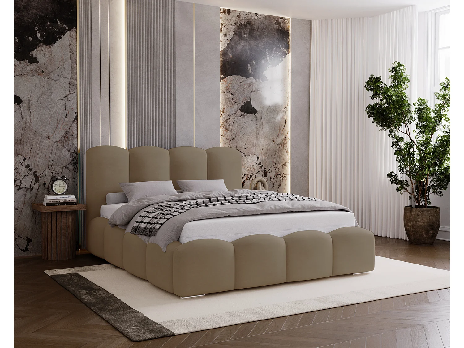 Lit adulte 140x200 Zenna - coffre de rangement, sommier - velours, Brun (Magic Velvet 2206)