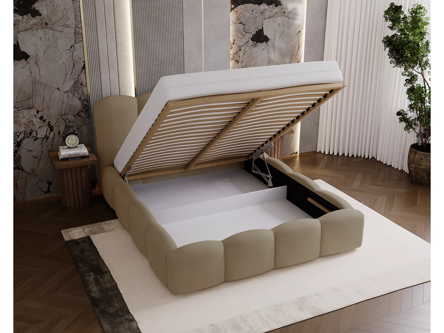 Lit adulte 140x200 Zenna - coffre de rangement, sommier - velours, Brun (Magic Velvet 2206)