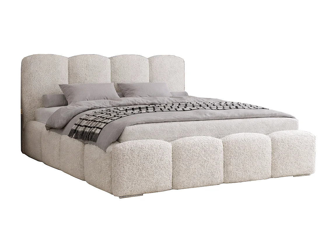 Lit adulte bouclé 180x200 Zenna - coffre de rangement, sommier métallique - Crème (Lambi 1)