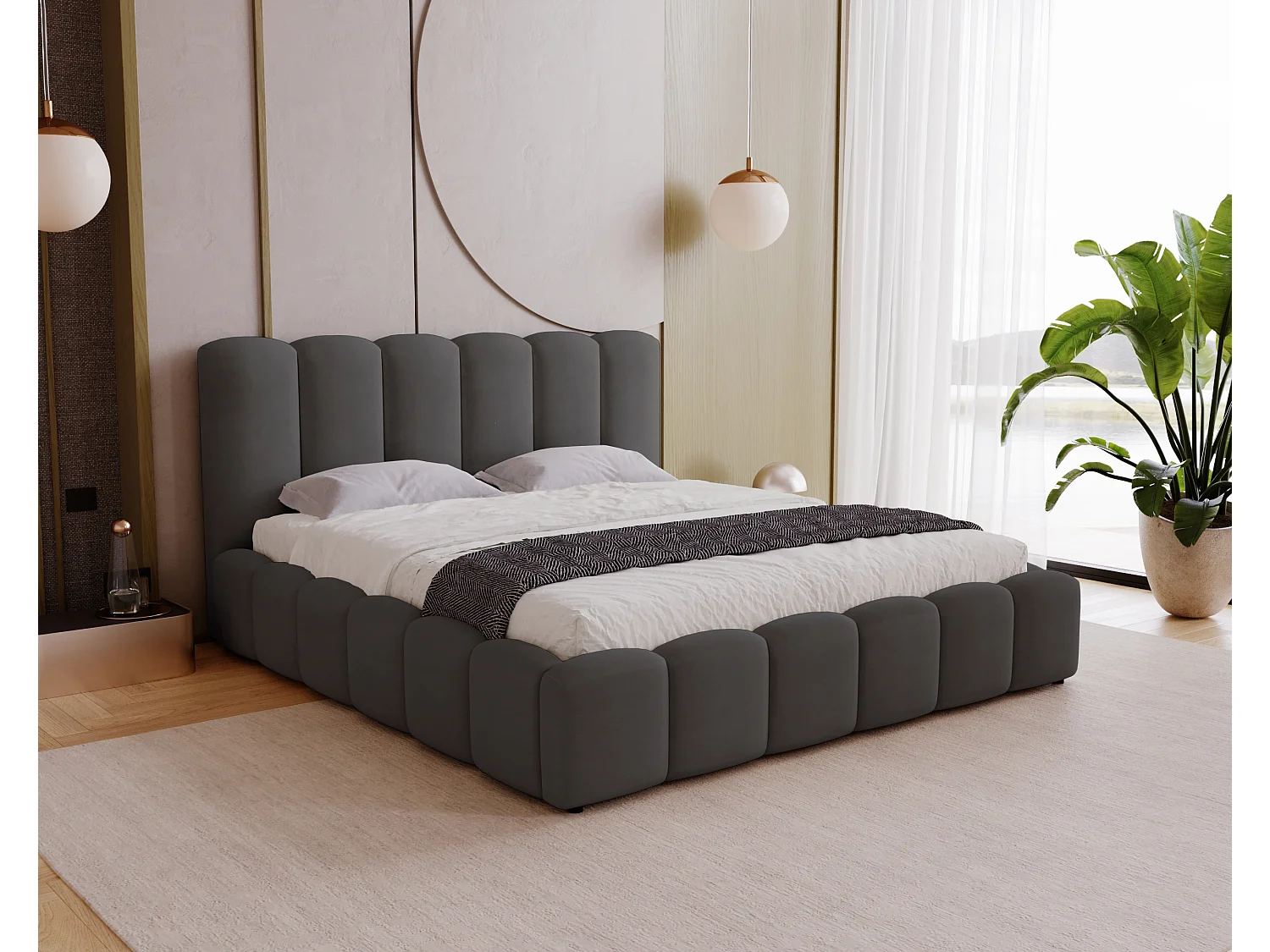 Lit adulte 140x200 cm Florent avec rangement, tete de lit, sommier métallique - tissu velours, Gris foncé (Magic Velvet 2271)