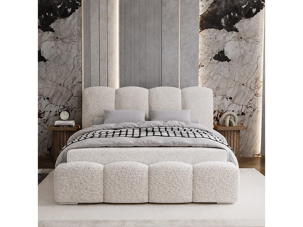 Polsterbett boucle 160x200 Zenna - Bettkasten, Metall-Lattenrost - Creme (Lambi 1)