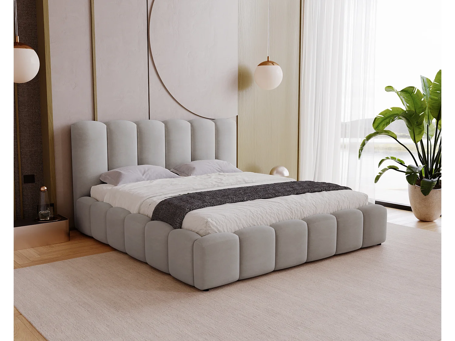 Polsterbett mit Bettkasten 200x200 Florent - Samtstoff, Metall-Lattenrost - Hellgrau (Magic Velvet 2218)