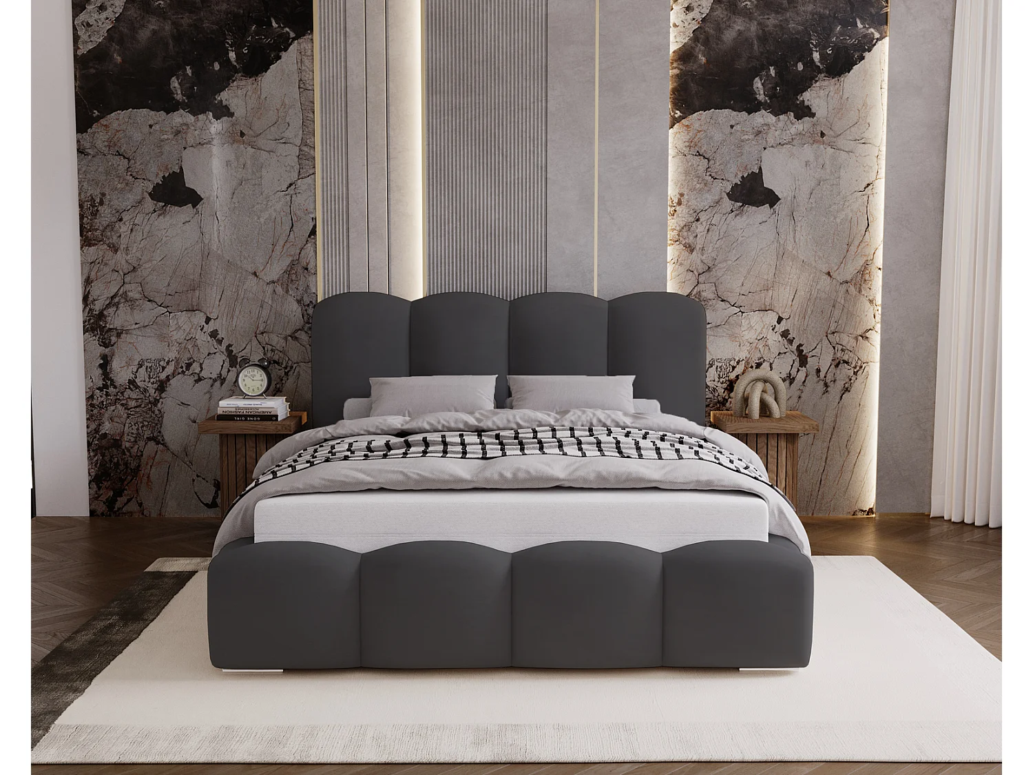 Lit adulte 160x200 Zenna - coffre de rangement, sommier - velours, Gris foncé (Magic Velvet 2271)