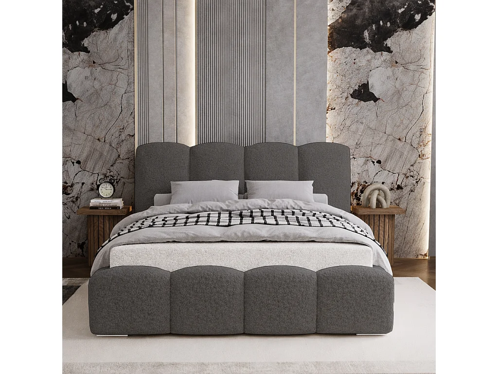 Lit adulte bouclé 180x200 Zenna - coffre de rangement, sommier - Gris (Lambi 12)