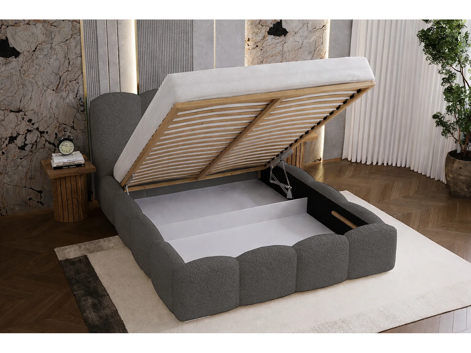 Lit adulte bouclé 180x200 Zenna - coffre de rangement, sommier - Gris (Lambi 12)