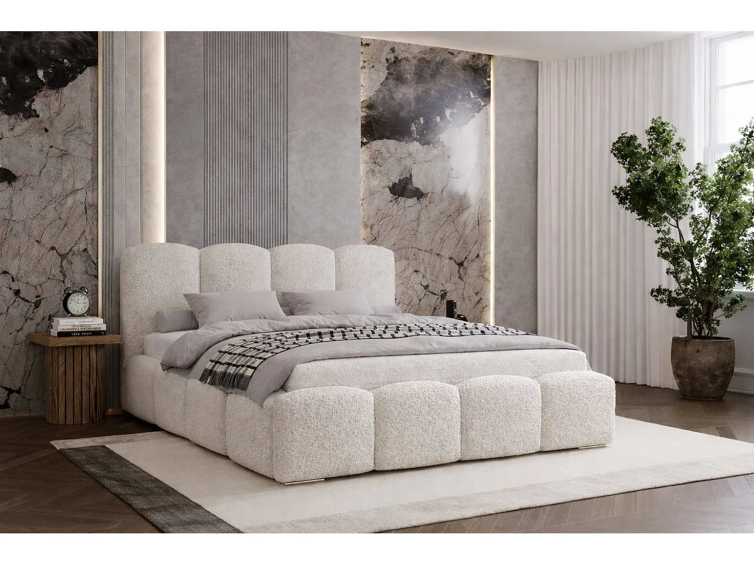 Lit adulte bouclé 200x200 Zenna - coffre de rangement, sommier - Crème (Lambi 1)