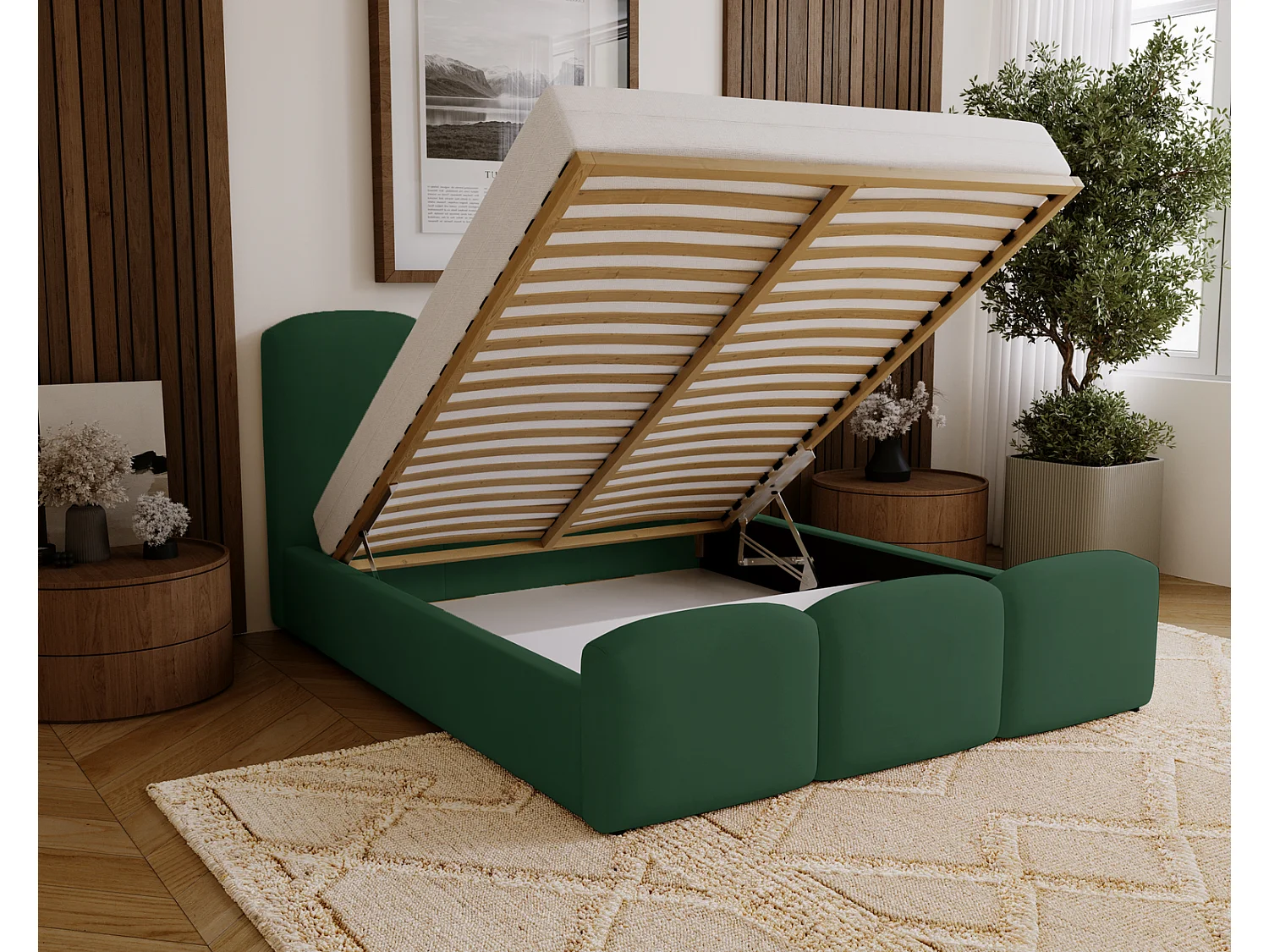 Polsterbett 200x200 Capri mit Bettkasten, Lattenrost - Samtstoff, Grün (Magic Velvet 2225)