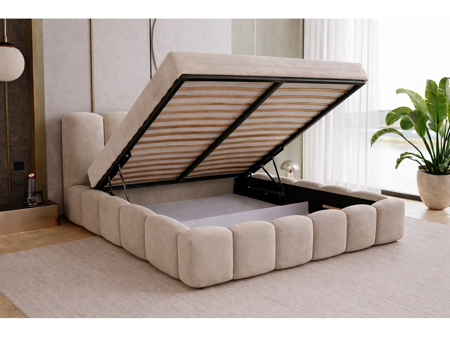 Polsterbett mit Bettkasten 140x200 Florent - Samtstoff, Metall-Lattenrost - Beige (Magic Velvet 2201)