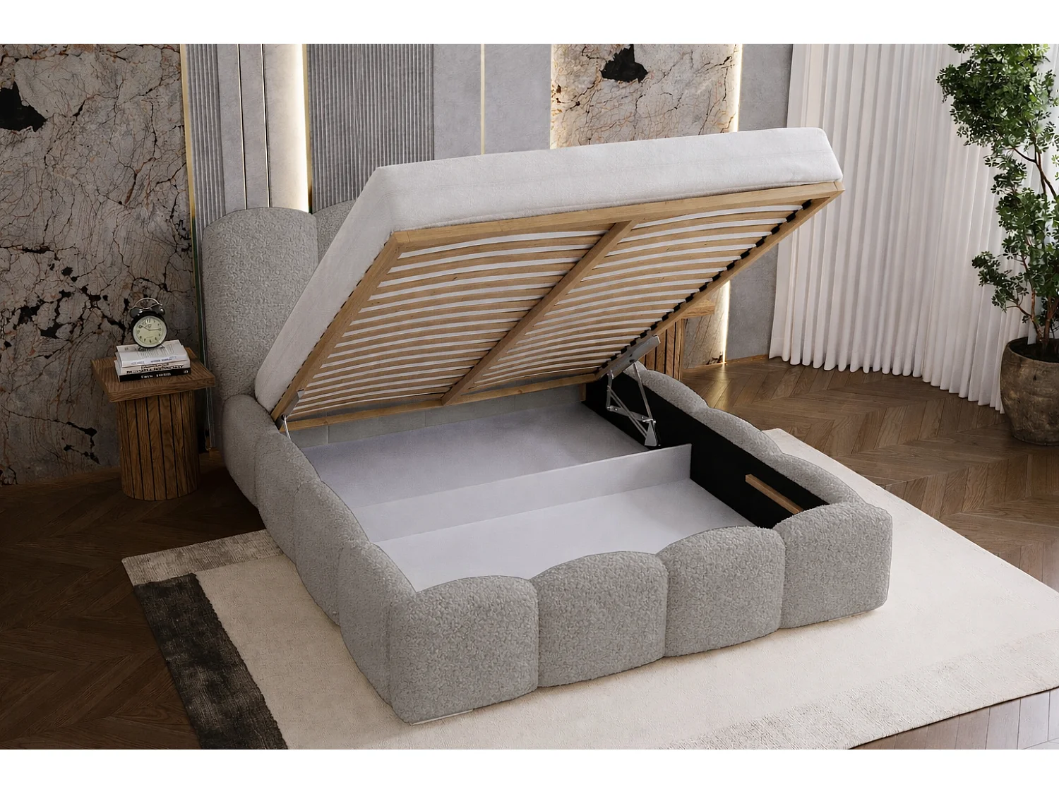Lit adulte bouclé 180x200 Zenna - coffre de rangement, sommier - Gris clair (Lambi 11)