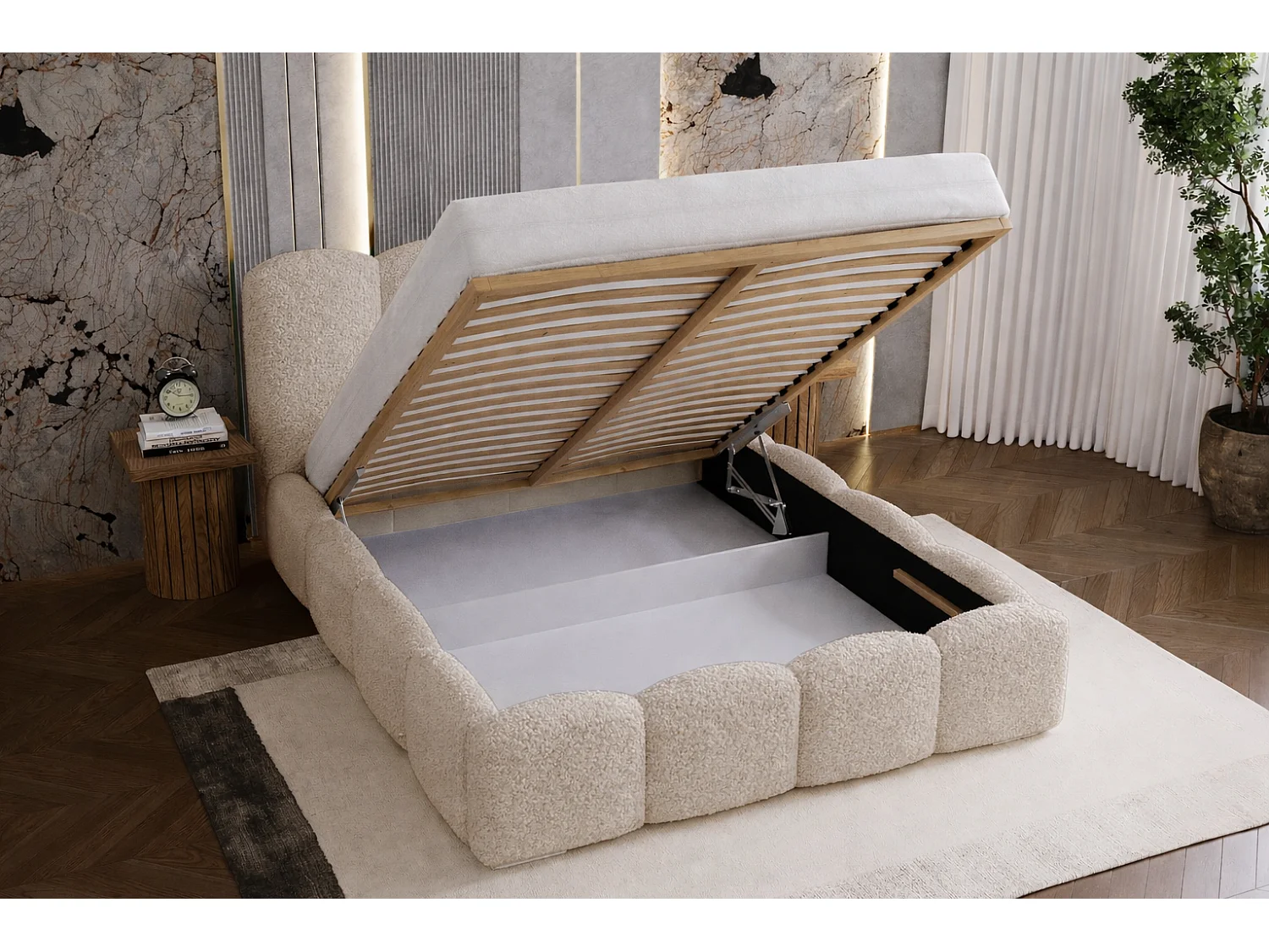 Lit adulte bouclé 200x200 Zenna - coffre de rangement, sommier - Beige (Lambi 6)