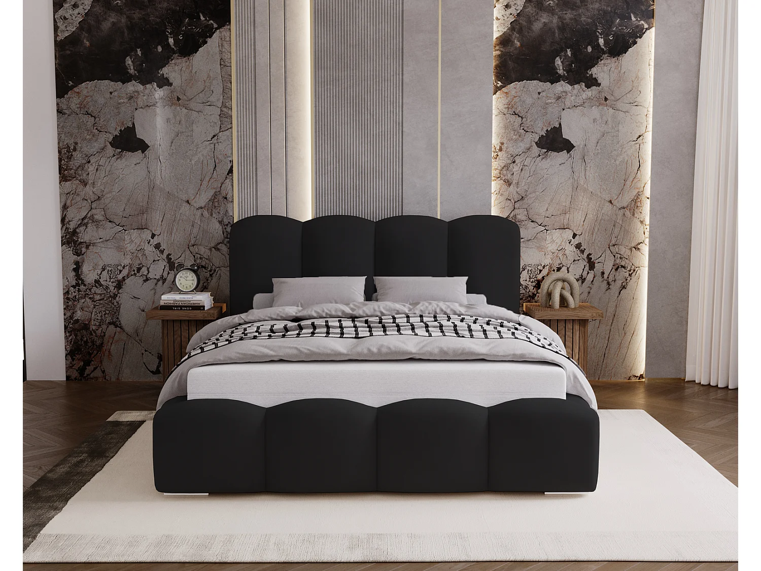 Lit adulte 160x200 Zenna - coffre de rangement, sommier métallique - velours, Zwart (Magic Velvet 2219)