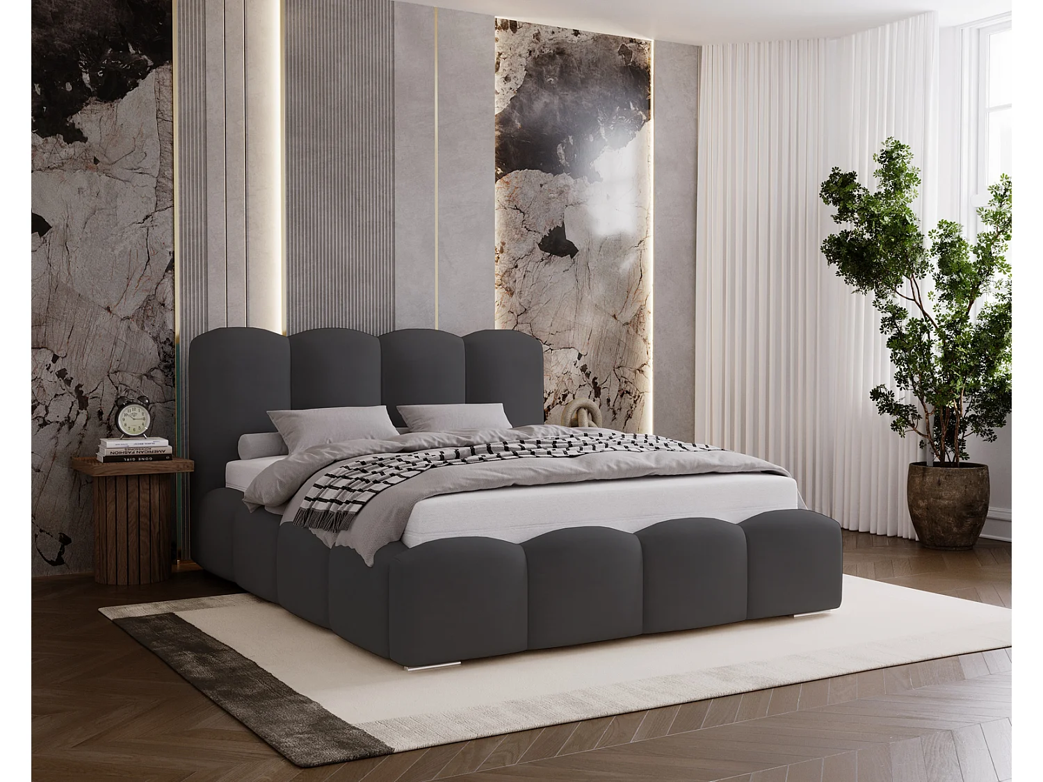 Lit adulte 200x200 Zenna - coffre de rangement, sommier - velours, Gris foncé (Magic Velvet 2271)
