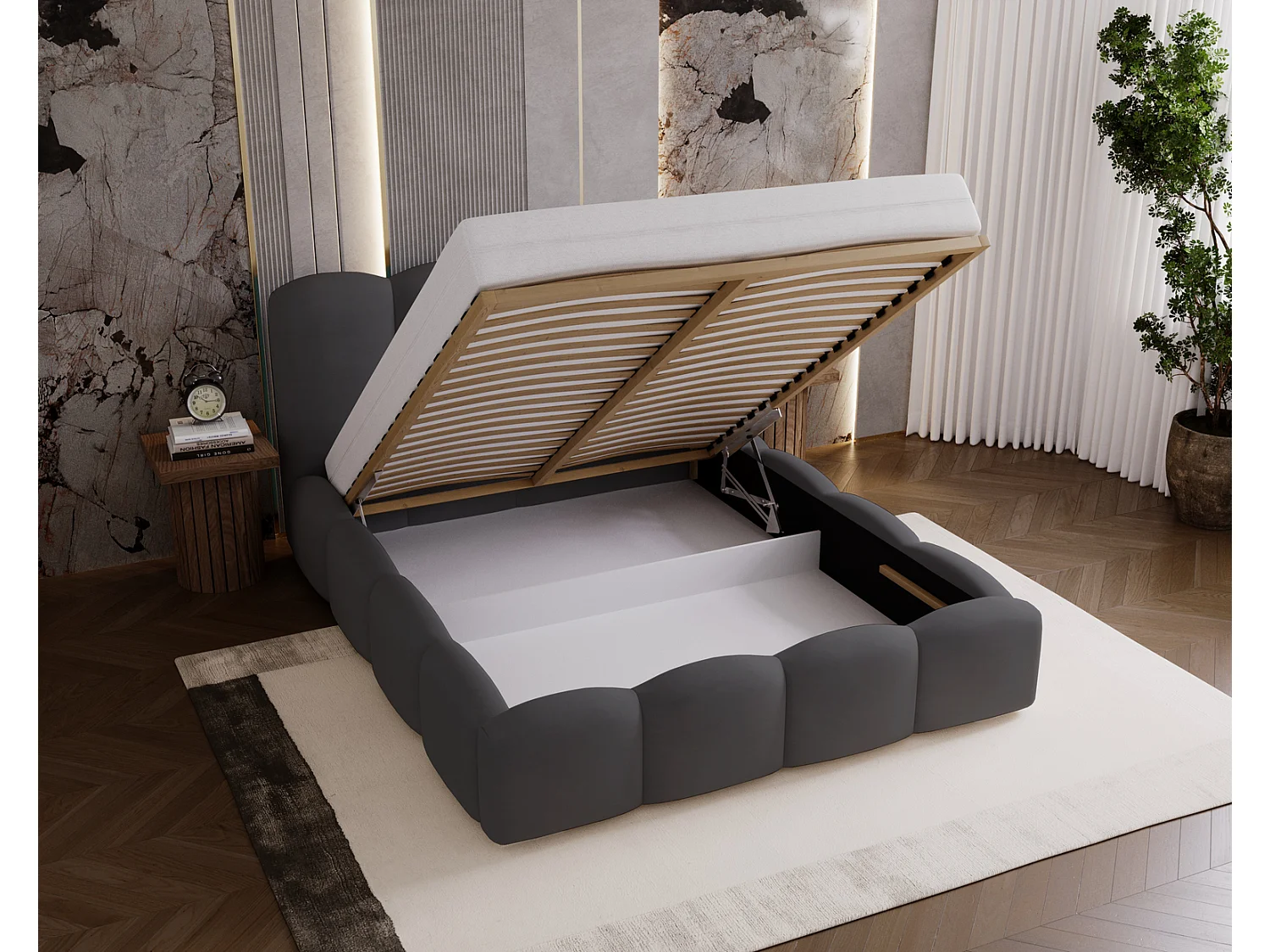 Lit adulte 200x200 Zenna - coffre de rangement, sommier - velours, Gris foncé (Magic Velvet 2271)