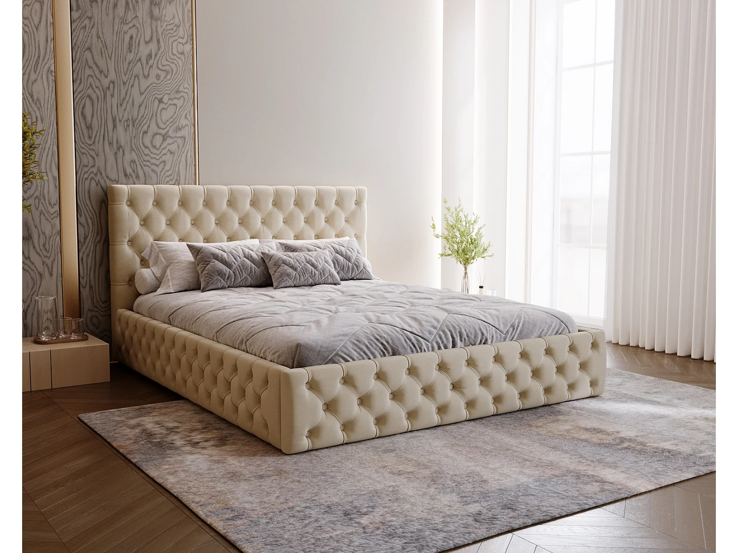 Polsterbett 180x200 Verti Slim - Samtstoff, Bett mit Bettkasten, Lattenrost - Beige (Magic Velvet 2201)