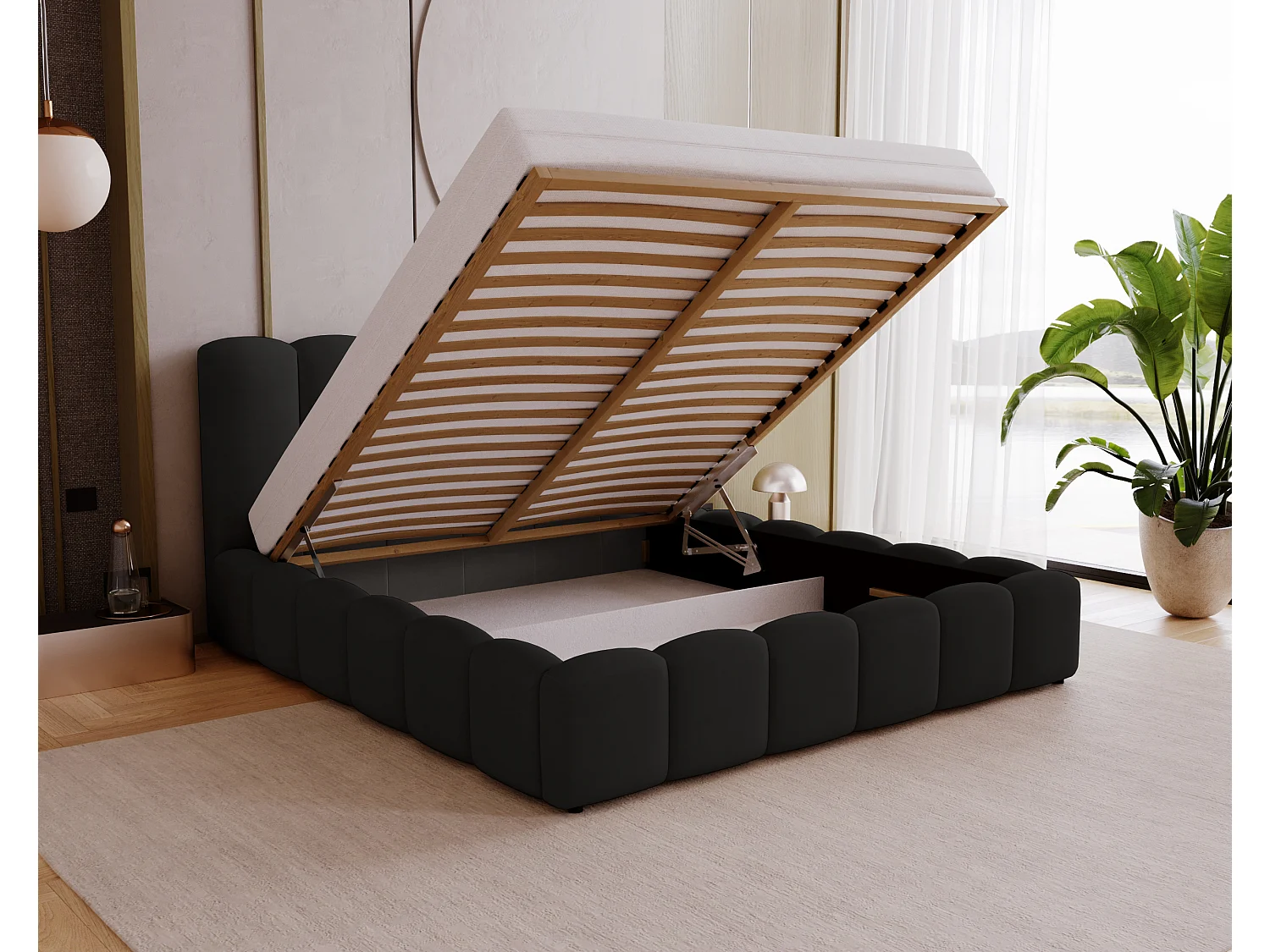 Polsterbett mit Bettkasten 200x200 Florent - Samtstoff, Lattenrost - Schwarz (Magic Velvet 2219)