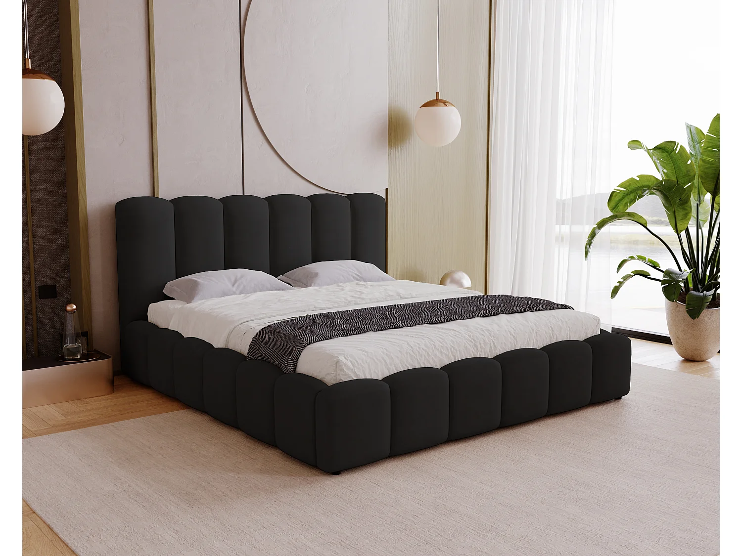 Lit adulte 140x200 cm Florent avec rangement, tete de lit, sommier métallique - tissu velours, Noir (Magic Velvet 2219)