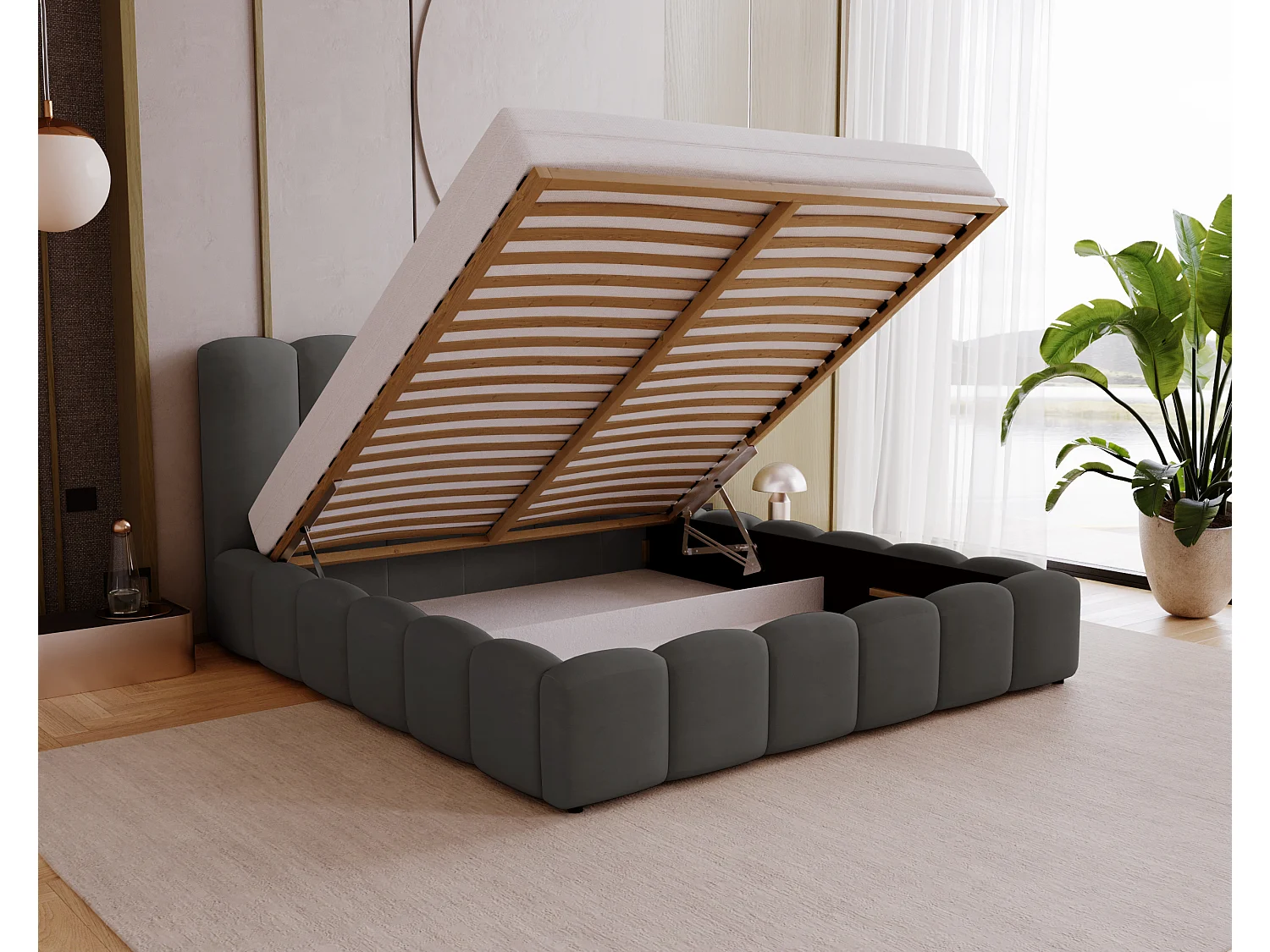 Polsterbett mit Bettkasten 140x200 Florent - Samtstoff, Lattenrost - Dunkelgrau (Magic Velvet 2271)