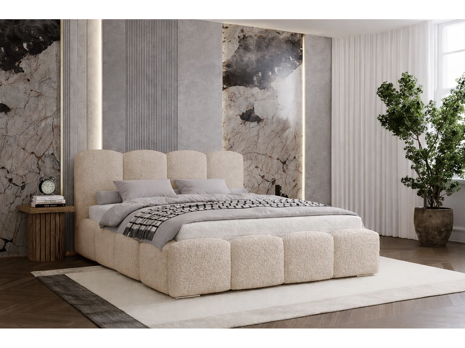 Polsterbett boucle 140x200 Zenna - Bettkasten, Metall-Lattenrost - Beige (Lambi 6)