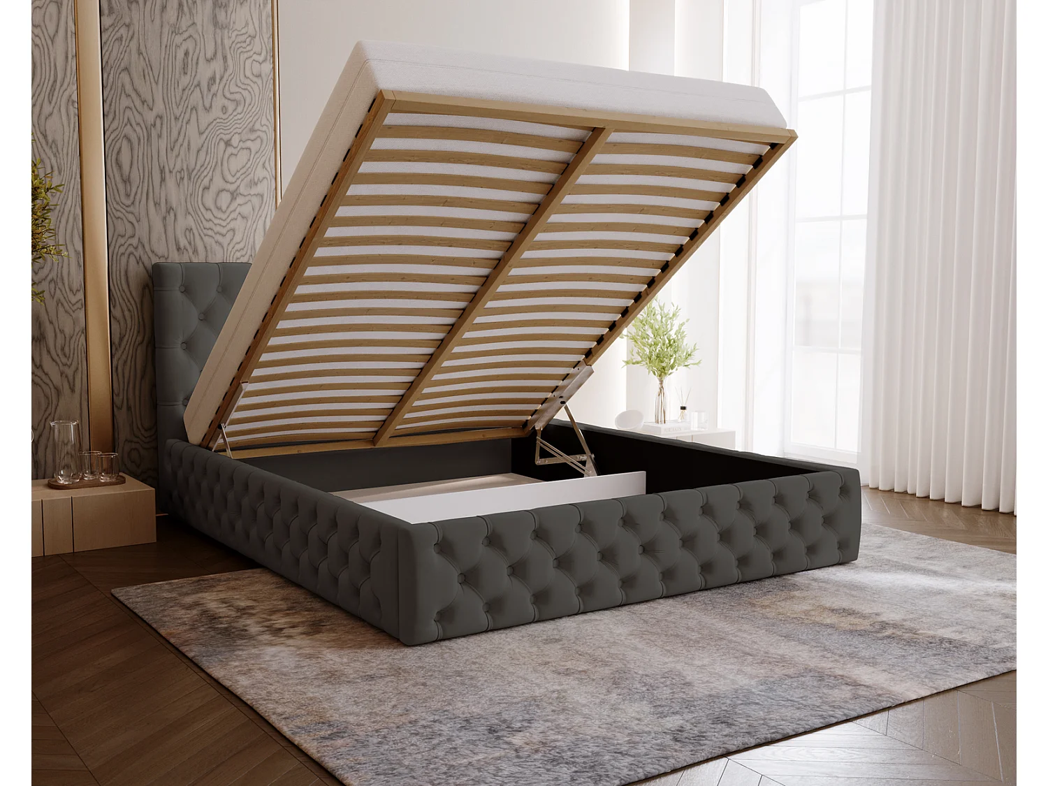 Polsterbett 180x200 Verti Slim - Samtstoff, Bett mit Bettkasten, Lattenrost - Dunkelgrau (Magic Velvet 2271)