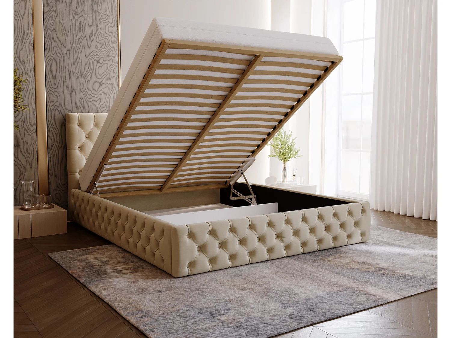 Polsterbett 160x200 Verti Slim - Samtstoff, Bett mit Bettkasten, Lattenrost - Beige (Magic Velvet 2201)