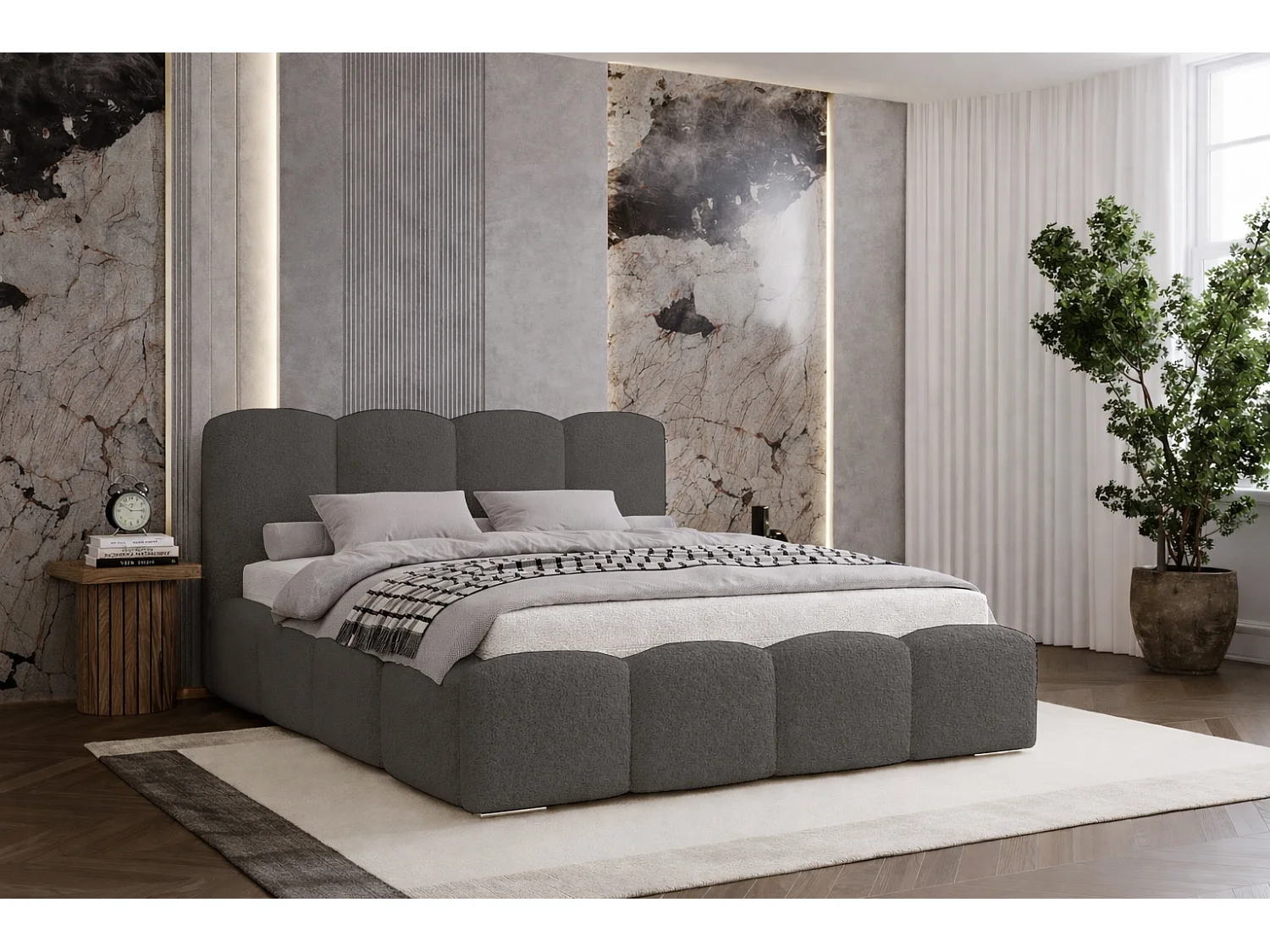 Polsterbett boucle 160x200 Zenna - Bettkasten, Metall-Lattenrost - Grau (Lambi 12)