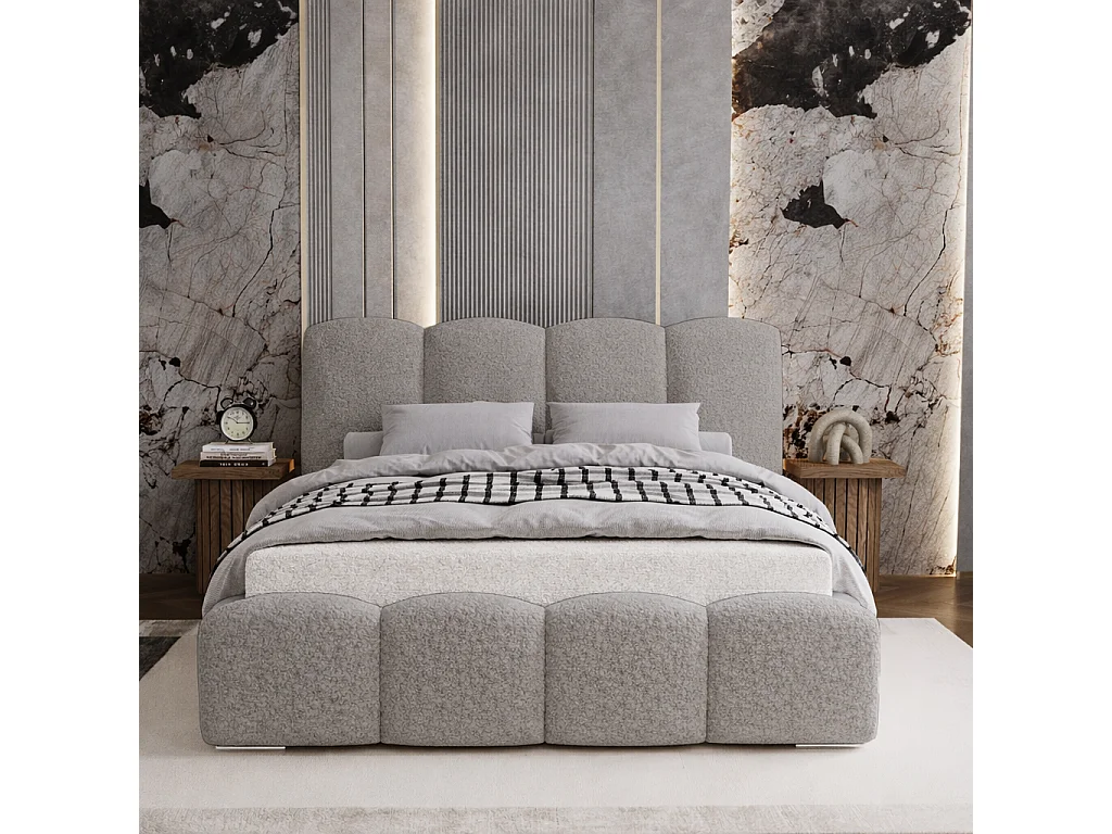 Lit adulte bouclé 200x200 Zenna - coffre de rangement, sommier métallique - Gris clair (Lambi 11)
