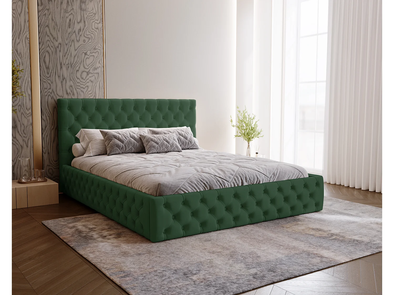 Polsterbett 180x200 Verti Slim - Samtstoff, Bett mit Bettkasten, Metall-Lattenrost - Grün (Magic Velvet 2225)