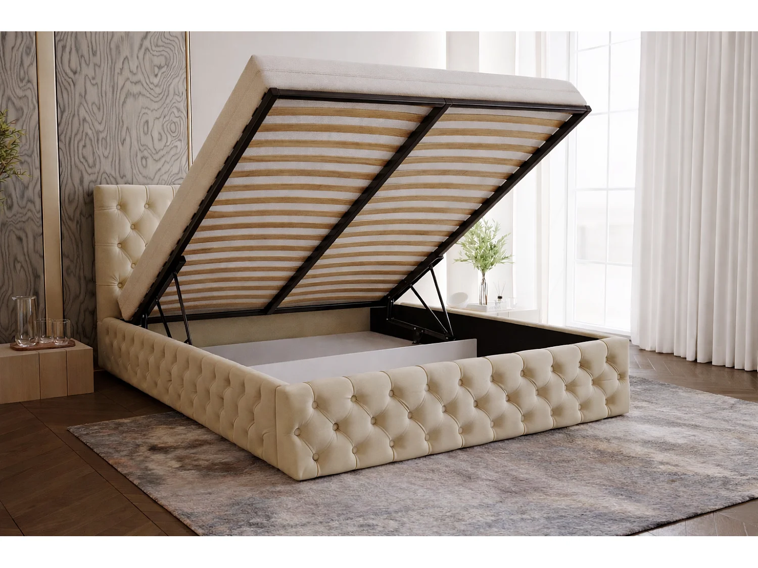 Polsterbett 180x200 Verti Slim - Samtstoff, Bett mit Bettkasten, Metall-Lattenrost - Grün (Magic Velvet 2225)