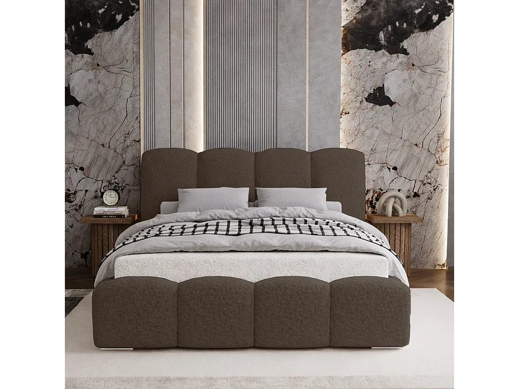 Lit adulte bouclé 180x200 Zenna - coffre de rangement, sommier métallique - Brun (Lambi 4)