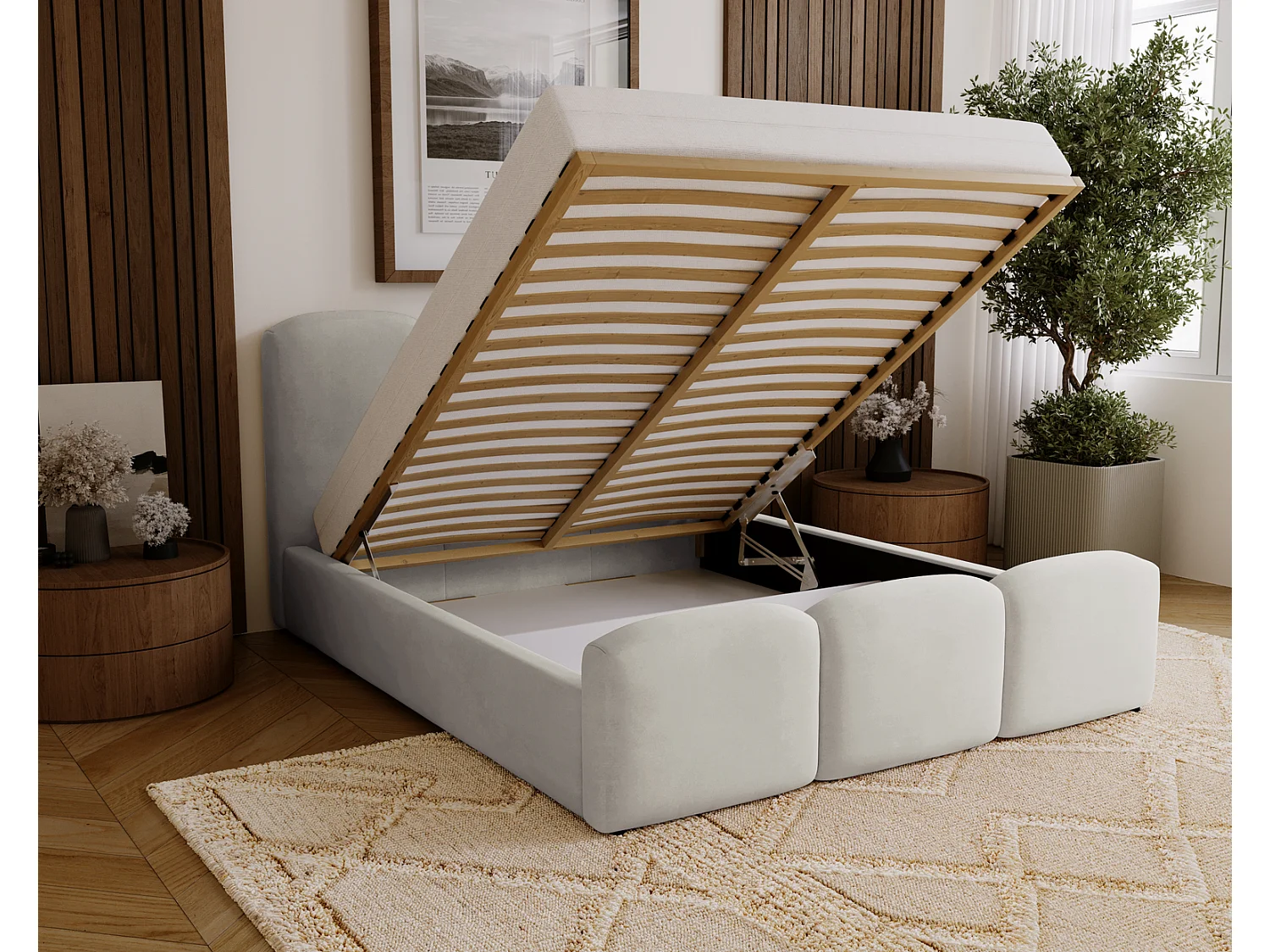 Polsterbett 140x200 Capri mit Bettkasten, Lattenrost - Samtstoff, Hellgrau (Magic Velvet 2218)