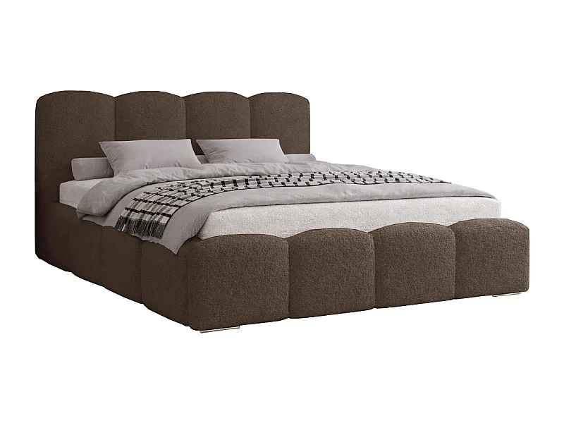 Lit adulte bouclé 140x200 Zenna - coffre de rangement, sommier - Brun (Lambi 4)
