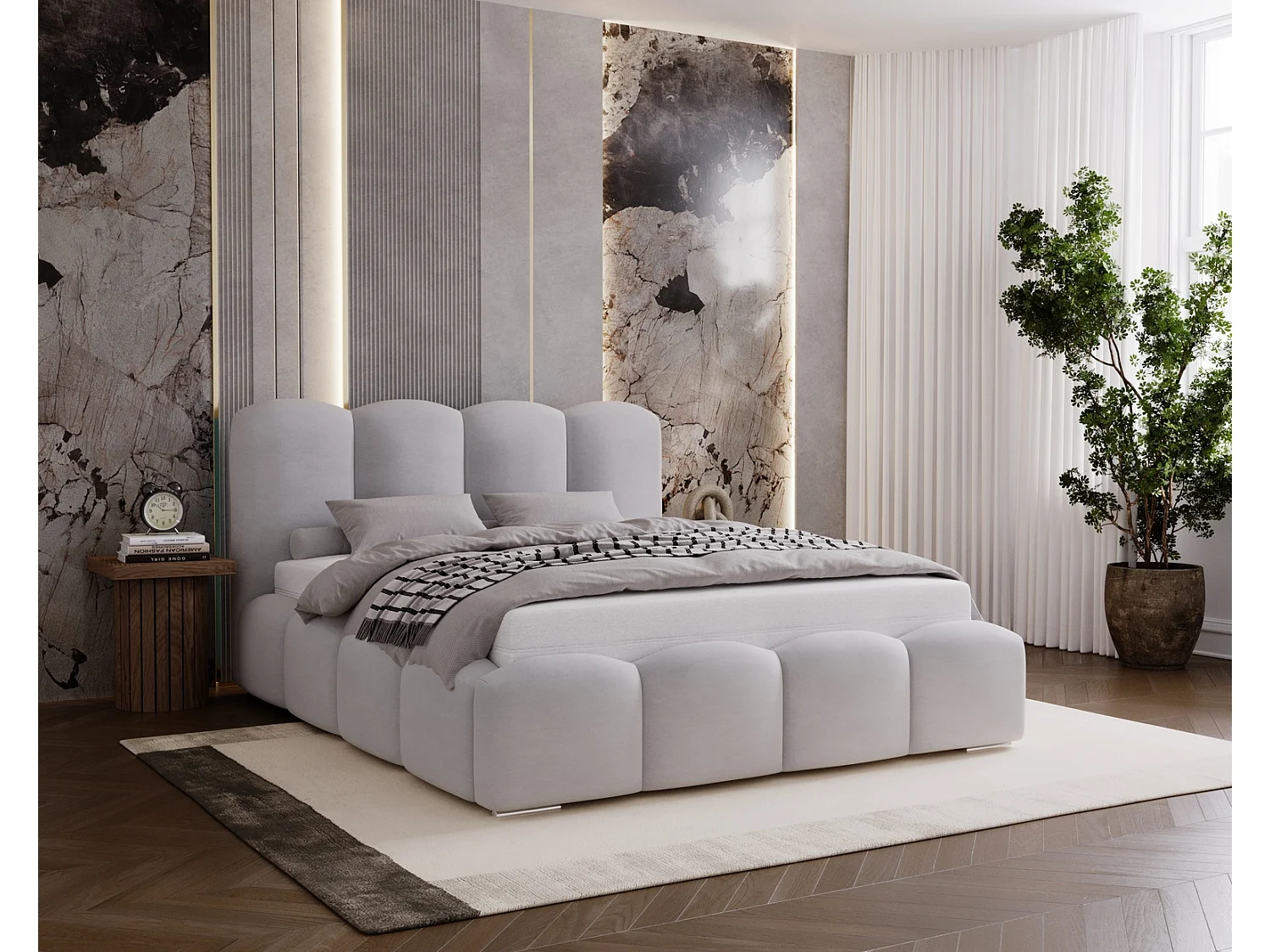 Lit adulte 160x200 Zenna - coffre de rangement, sommier - velours, Gris clair (Magic Velvet 2218)