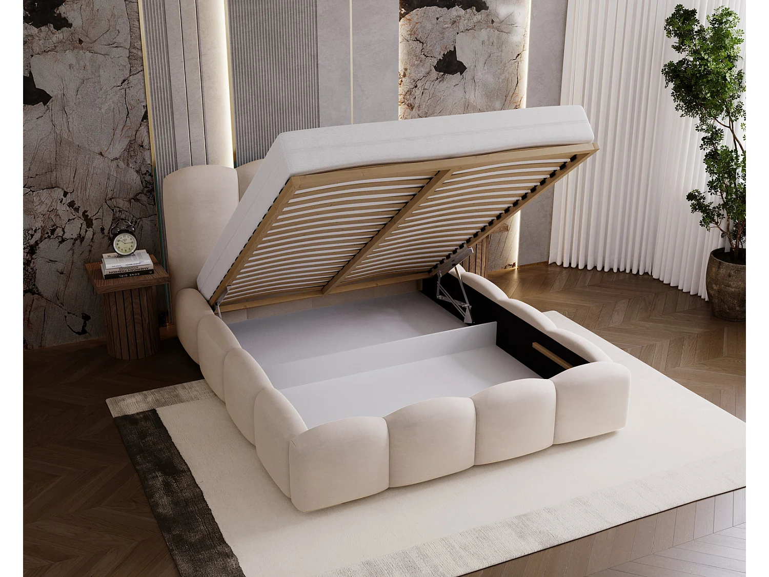 Lit adulte 140x200 Zenna - coffre de rangement, sommier - velours, Beige (Magic Velvet 2201)