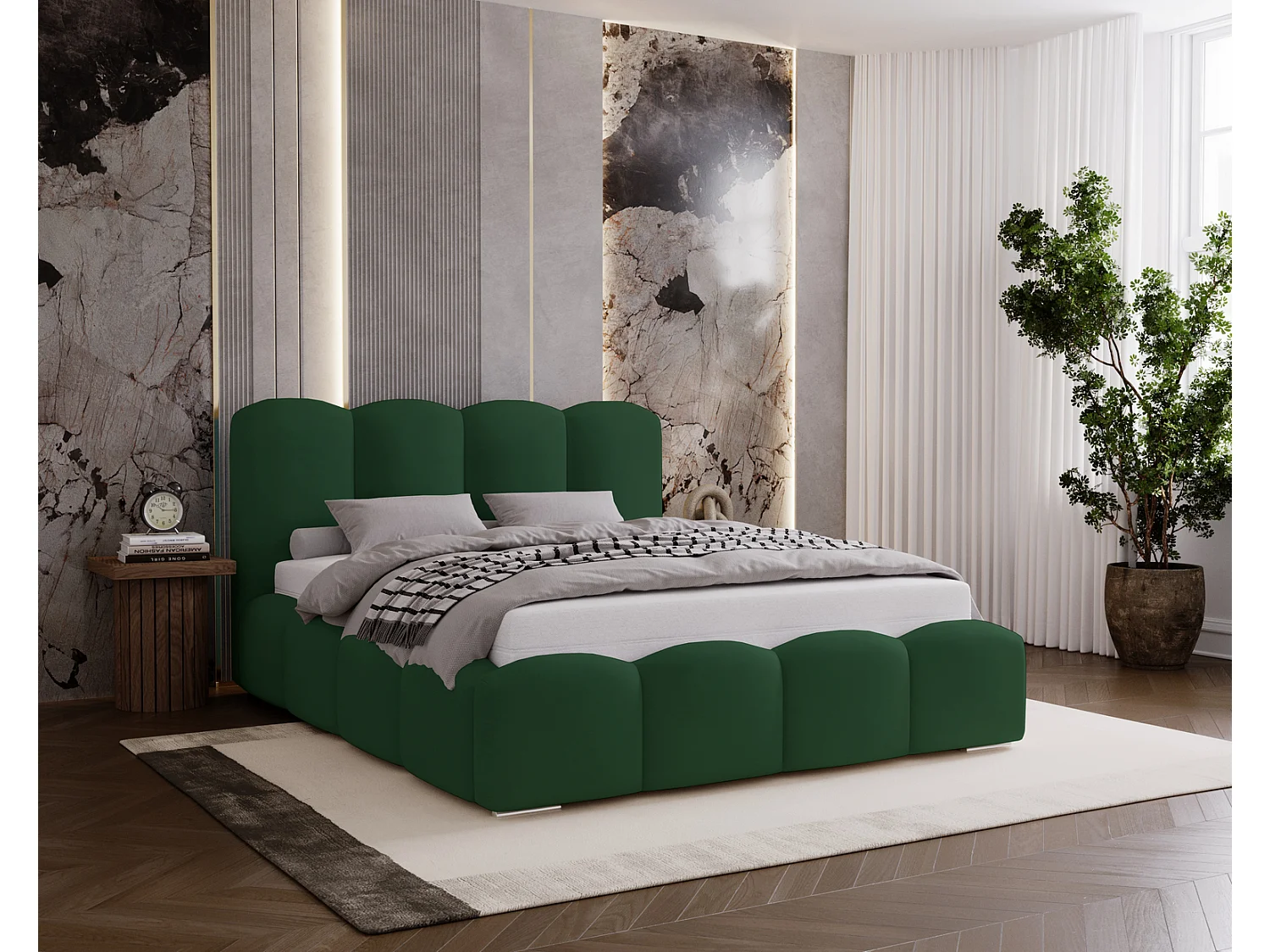 Lit adulte 180x200 Zenna - coffre de rangement, sommier métallique - velours, Vert (Magic Velvet 2225)