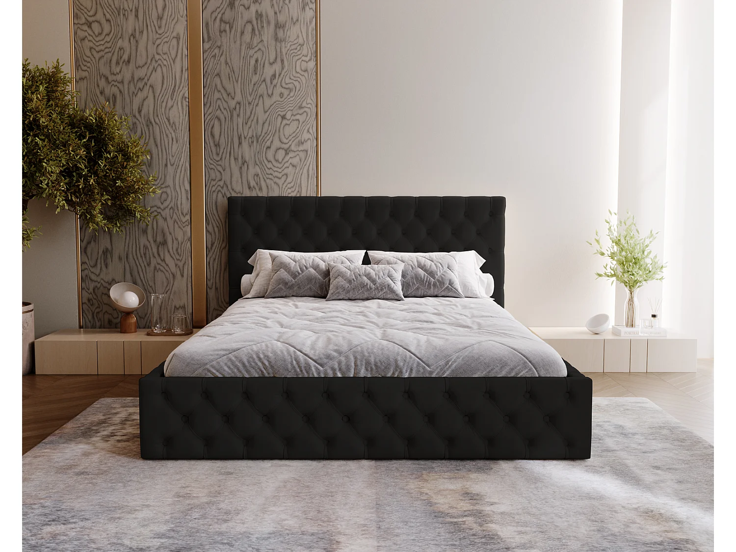 Polsterbett 180x200 Verti Slim - Samtstoff, Bett mit Bettkasten, Metall-Lattenrost - Schwarz (Magic Velvet 2219)