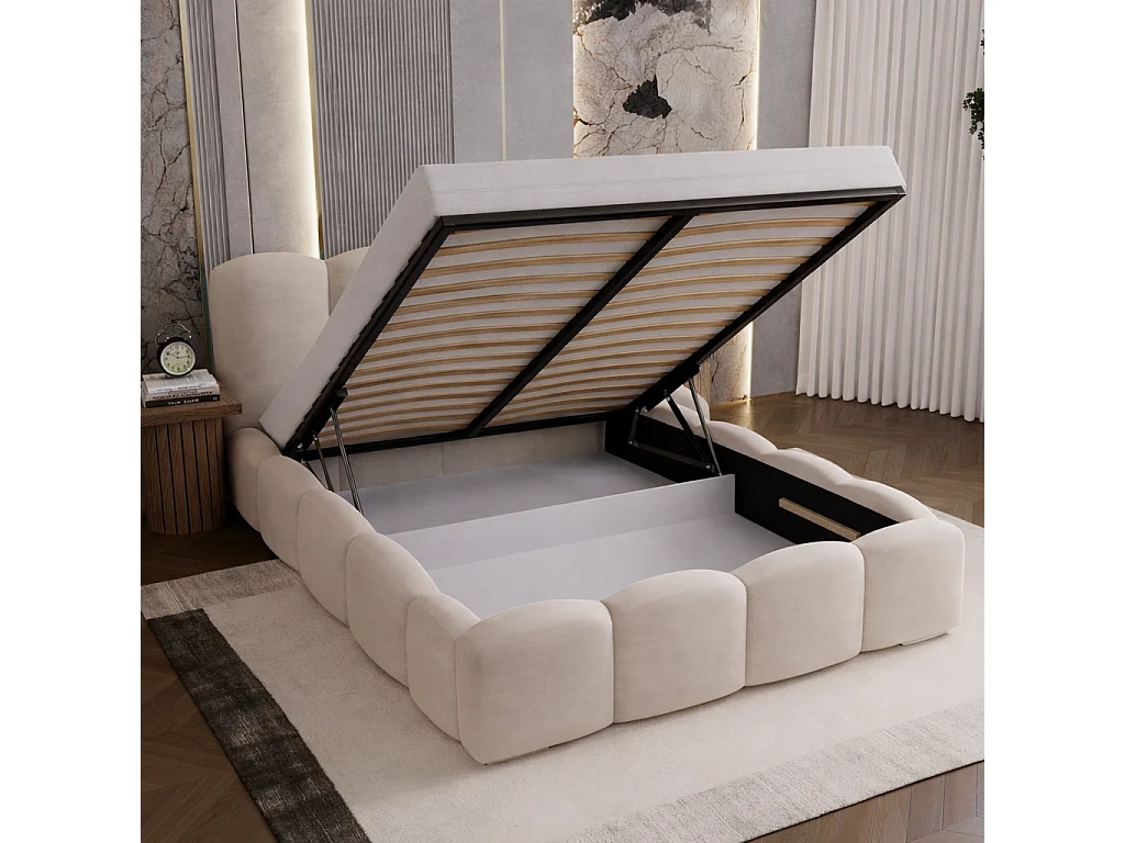 Lit adulte 180x200 Zenna - coffre de rangement, sommier métallique - velours, Beige (Magic Velvet 2201)